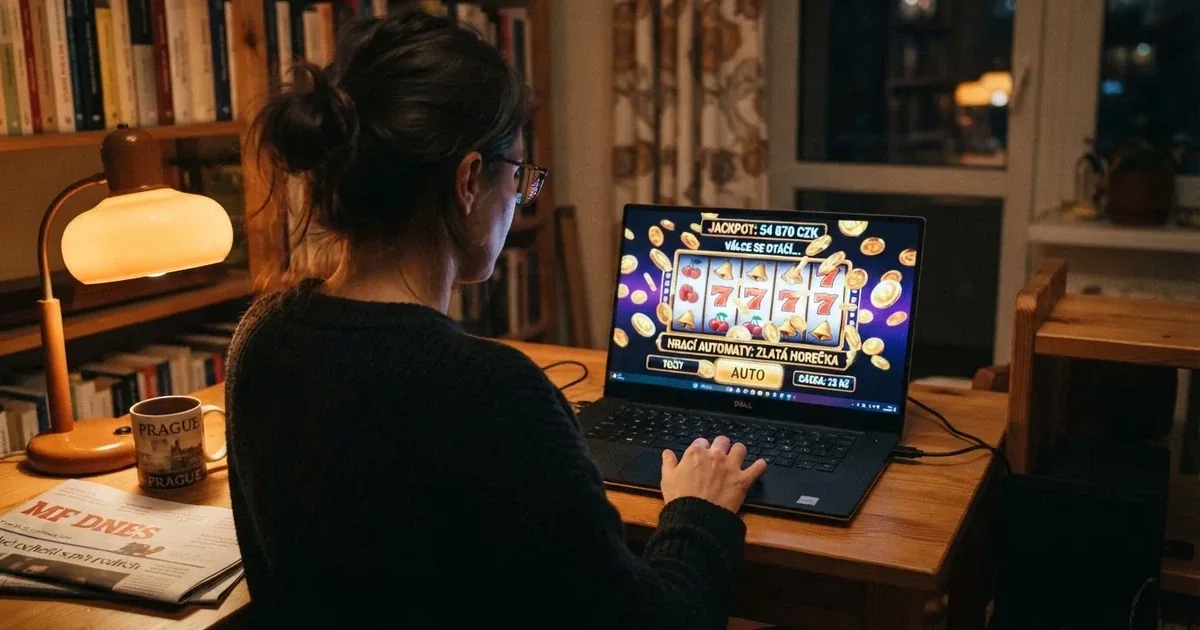 Hráč u obrazovky prohlíží nabídku volných otočení v českém online kasinu, na displeji září symboly slotu