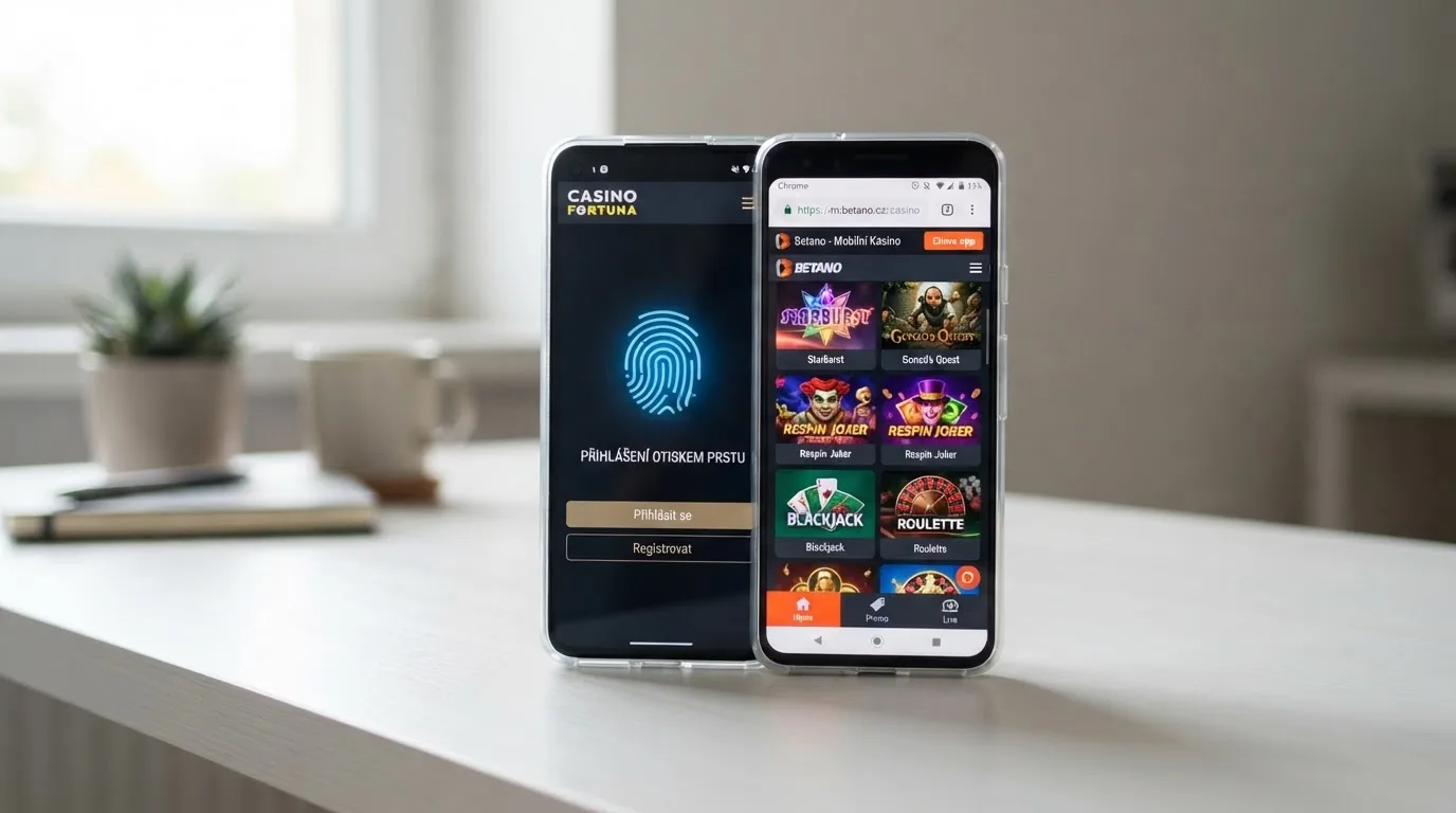 Rozdělená obrazovka telefonu: vlevo nativní APK aplikace kasina s biometrickým přihlášením, vpravo mobilní web v prohlížeči