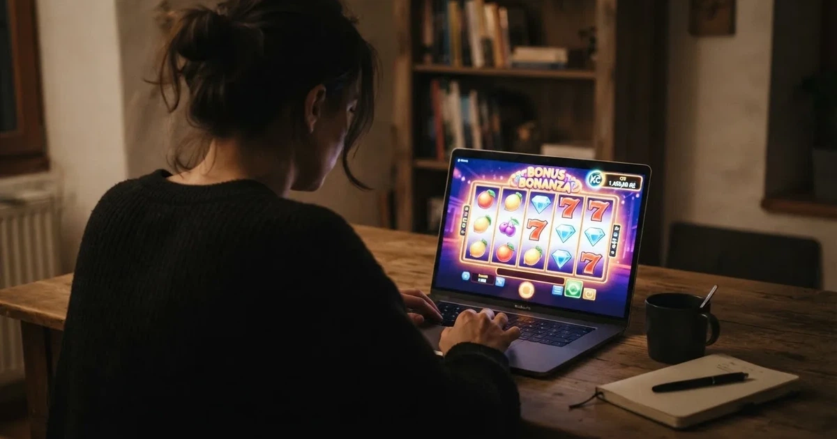 Hráč sedí u počítače s otevřenou stránkou online casina, na monitoru svítí nabídka volných zatočení zdarma a pole pro registraci.