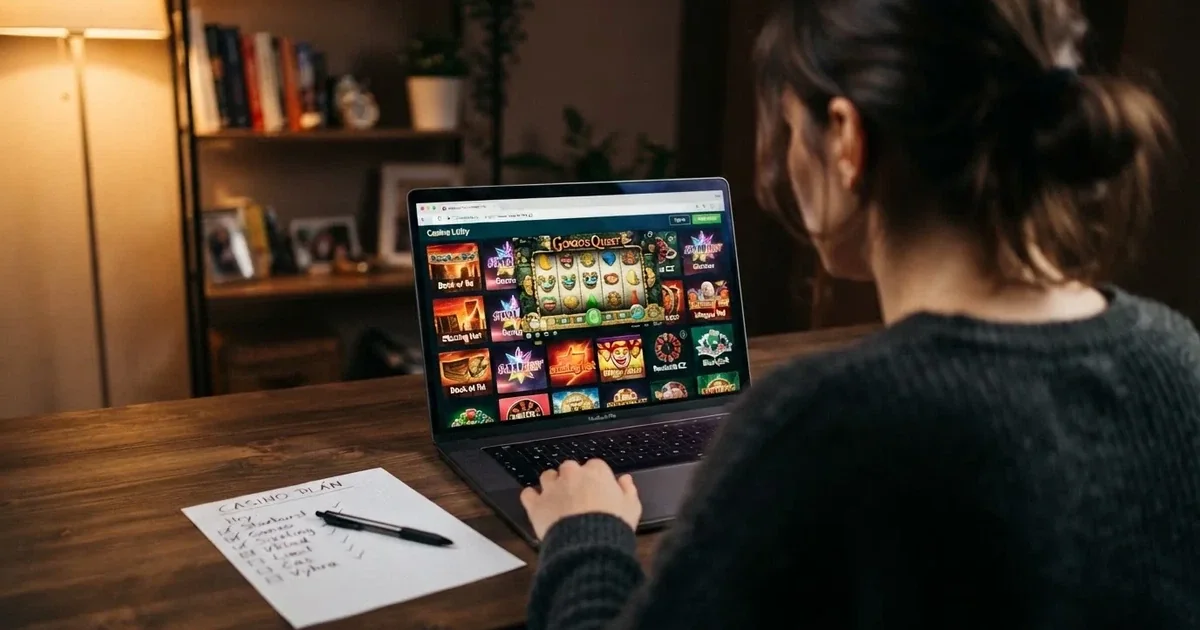 Hráč u obrazovky prohlíží nabídku zahraničního online casina s viditelnými bezpečnostními prvky — ikona SSL zámku, logo licence a tlačítko zodpovědného hraní