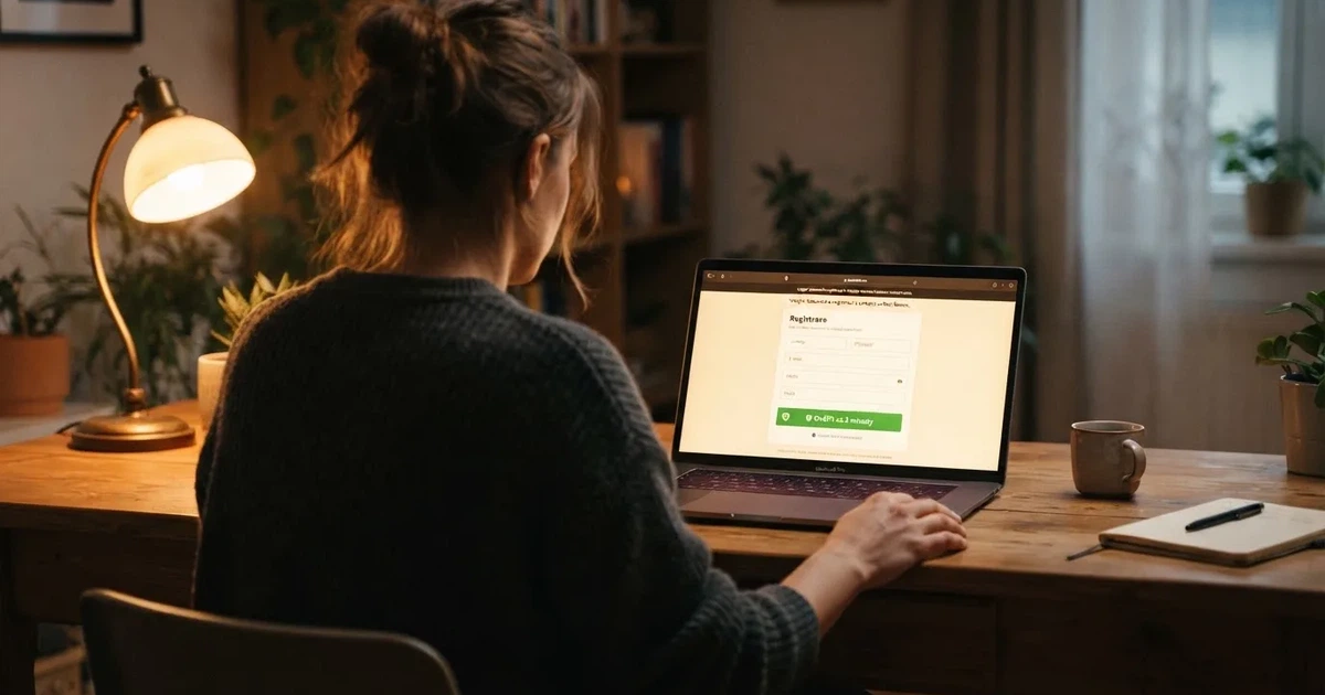 Hráč u notebooku si prohlíží registrační formulář online casina s ikonou BankID a textem „Ověřit za 2 minuty“