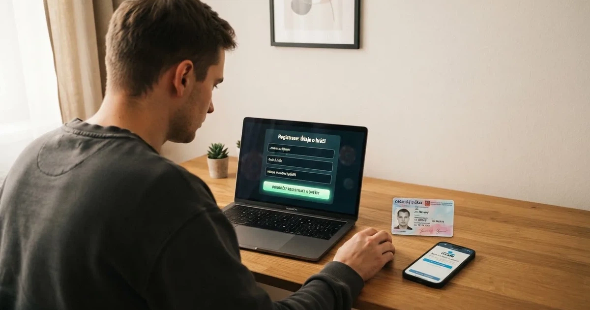 Hráč u počítače si prohlíží obrazovku online casina s formulářem registrace, vedle něj leží občanský průkaz a mobilní telefon s aplikací BankID.