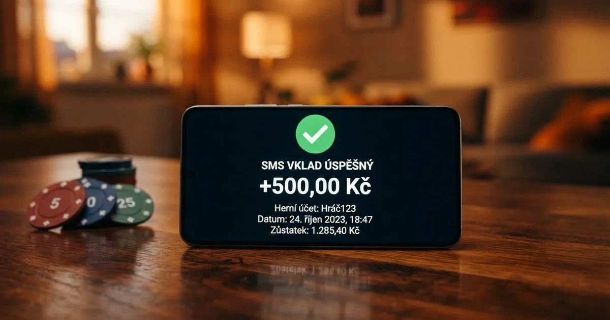 Mobilní telefon zobrazující potvrzení o přijetí SMS vkladu na herní účet online casina