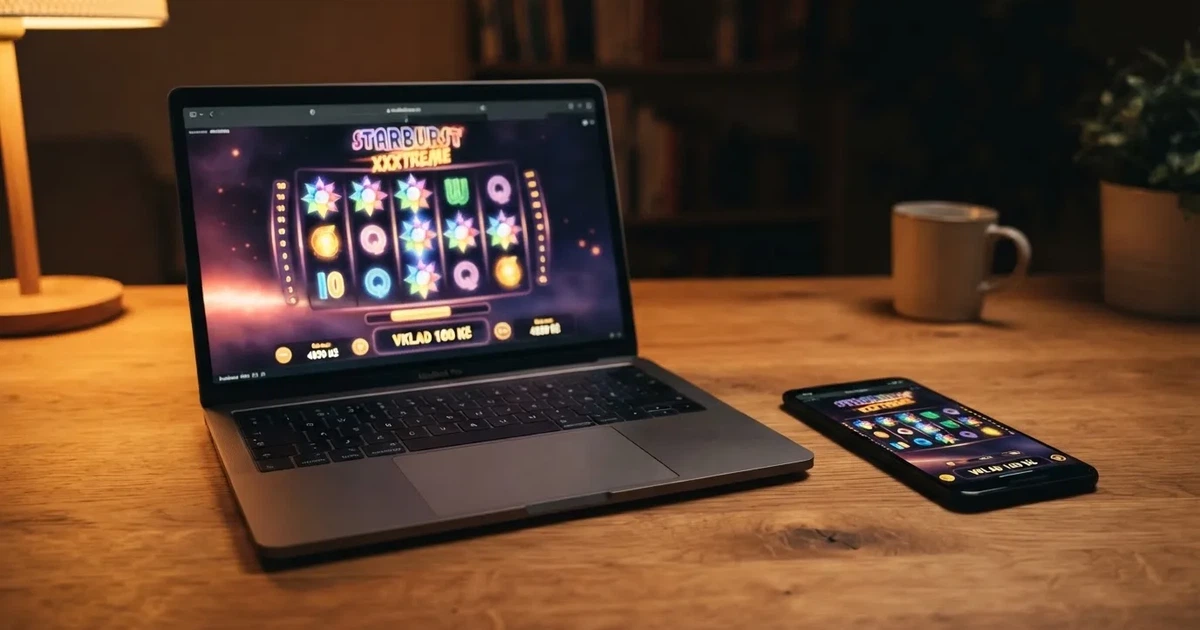 České online casino na obrazovce notebooku a mobilu s viditelnou možností vkladu 100 Kč