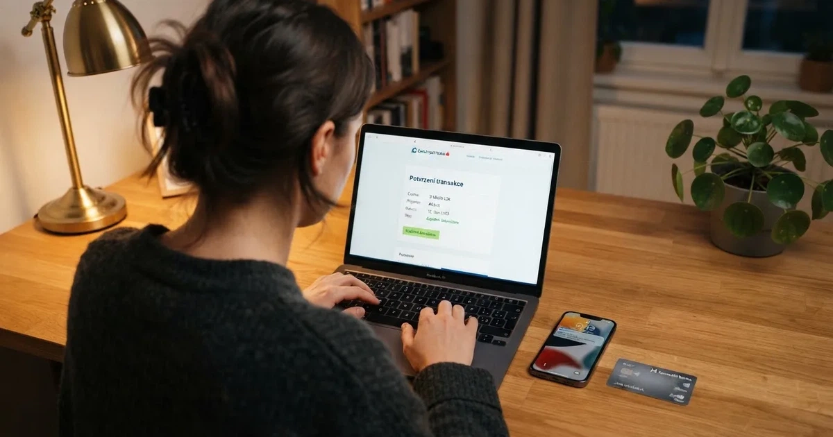 Hráč u notebooku, na obrazovce vidět potvrzovací zpráva o výběru z kasina s částkou, vedle leží platební karta a mobil s bankovní notifikací