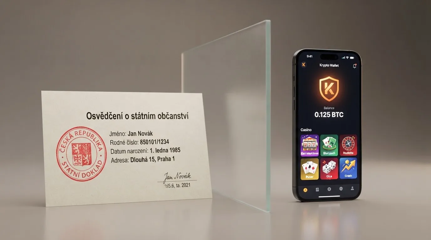 Úřední dokument s razítkem vedle obrazovky zobrazující bitcoinovou peněženku a logo casina — kontrast dvou světů
