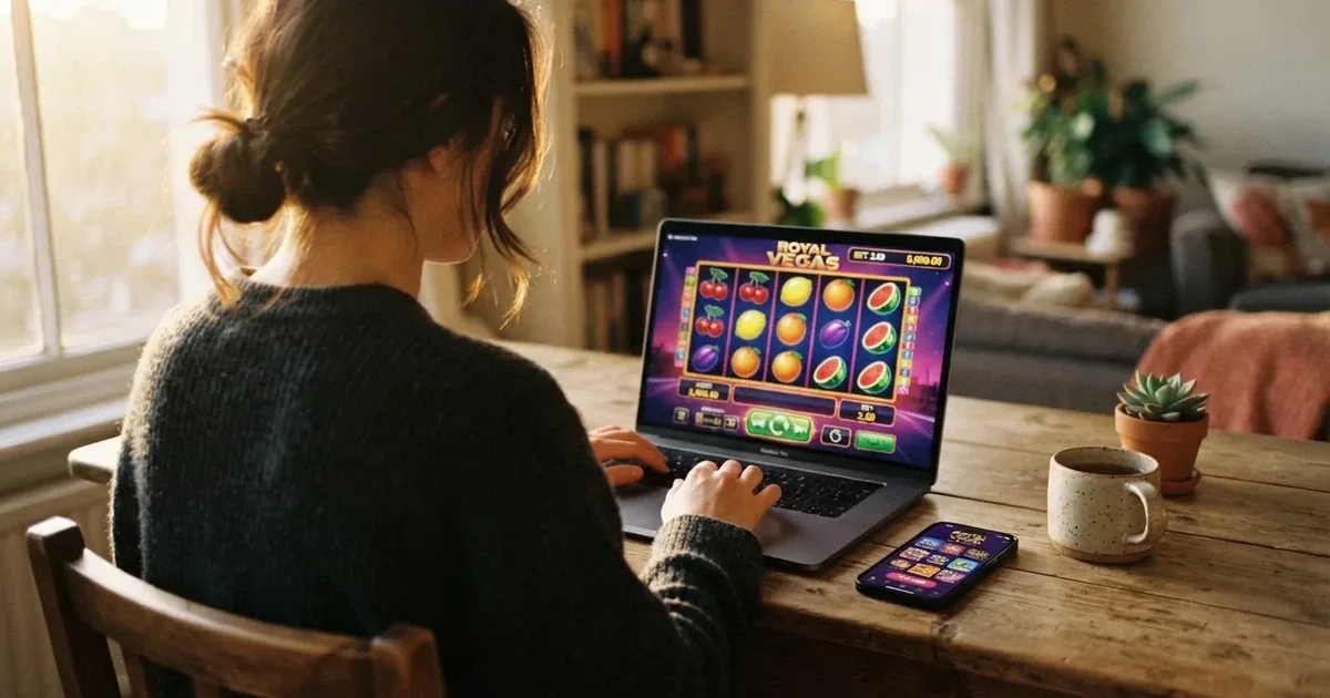 Hrací automat v demo režimu na obrazovce notebooku, vedle něj mobilní telefon s otevřenou casino aplikací