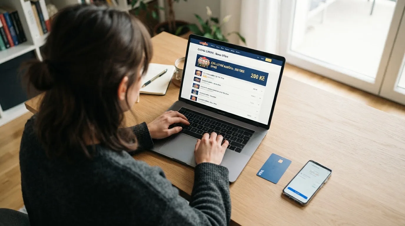 Hráč u notebooku si prohlíží nabídku volných otoček v českém online casinu, vedle leží občanský průkaz a telefon s otevřenou aplikací Bank iD