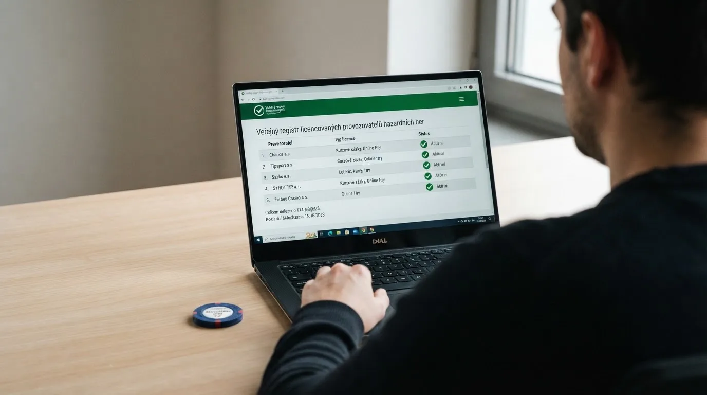 Úřední dokument s razítkem Ministerstva financí ČR položený vedle obrazovky s logem licencovaného online casina — kontrast důvěryhodnosti