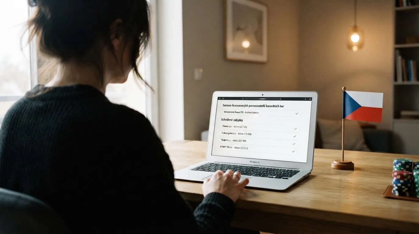 Úřední dokument s razítkem Ministerstva financí ČR položený vedle obrazovky s online automatem, v pozadí česká vlajka
