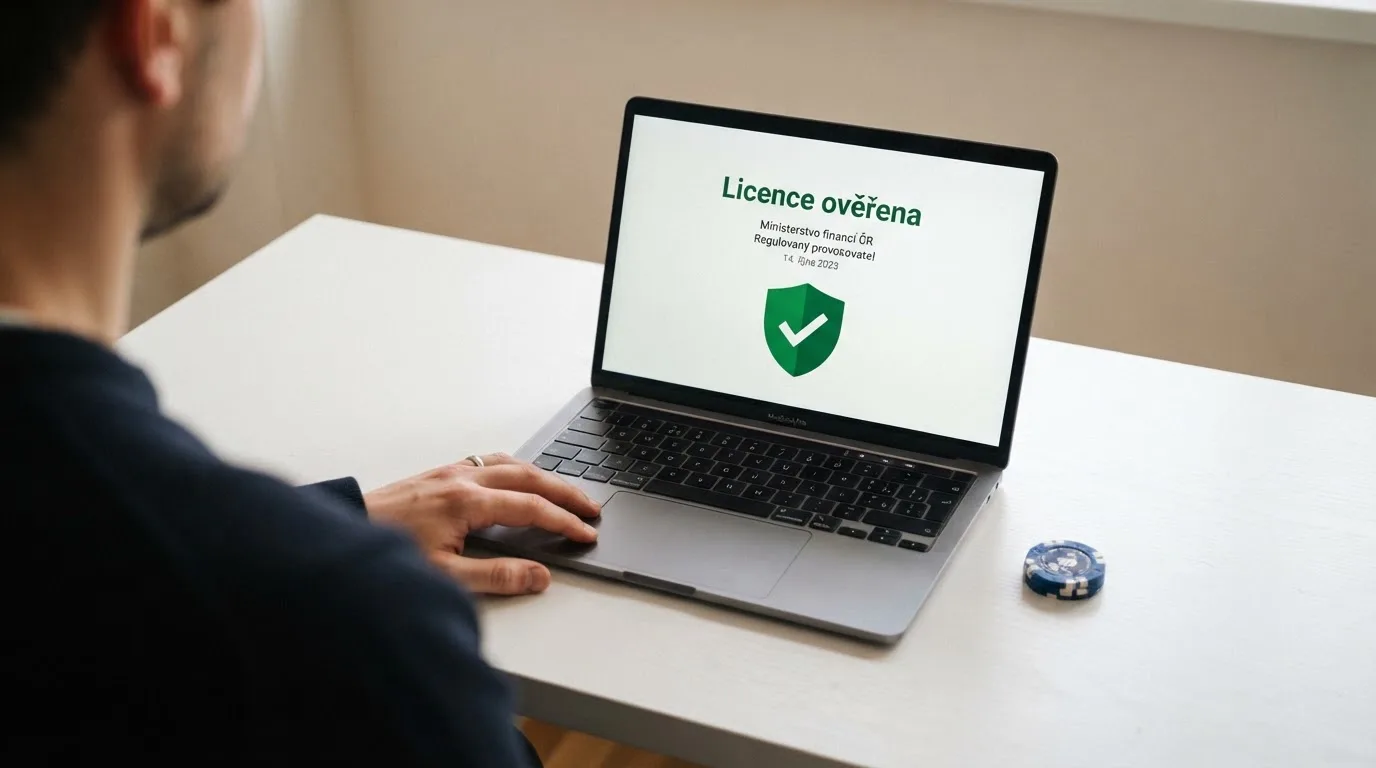 Úřední dokument s razítkem Ministerstva financí České republiky položený vedle klávesnice — symbol české hazardní licence.