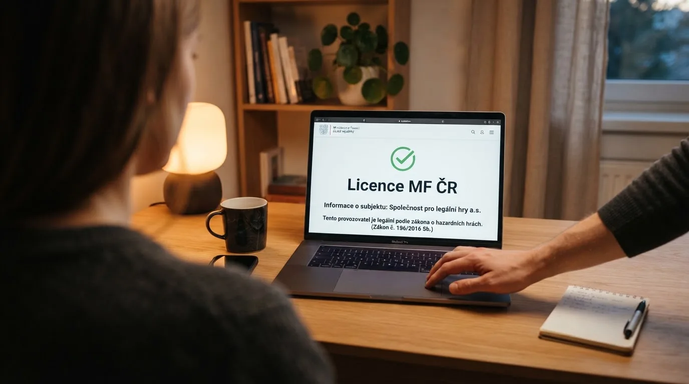 Úřední dokument s razítkem Ministerstva financí ČR vedle obrazovky s logem licencovaného online kasina