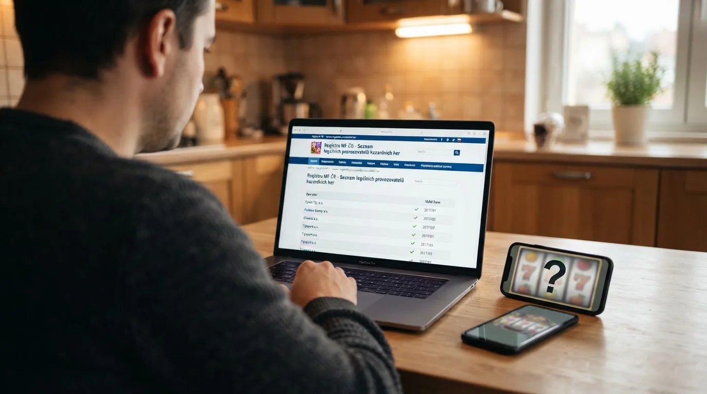 Úřední dokument s razítkem Ministerstva financí ČR vedle obrazovky s logem online casina, mezi nimi otazník