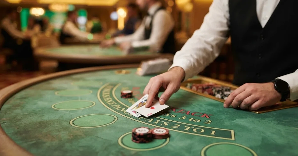 Živý krupiér rozdává karty u blackjackového stolu, detailní záběr na ruce a karty, v pozadí nasvícené studio