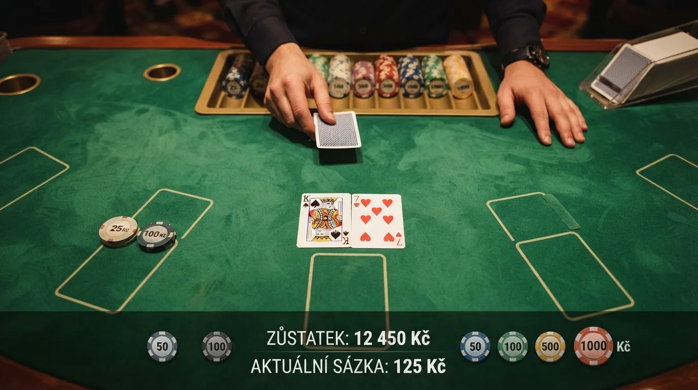 Rozložení live blackjackového stolu s kartami a sázkovým rozhraním v české koruně