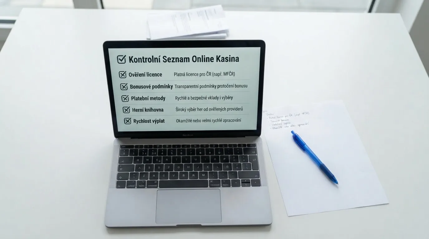 Seznam kontrolních kritérií na obrazovce s poznámkami — licence, bonusové podmínky, platební metody, herní nabídka