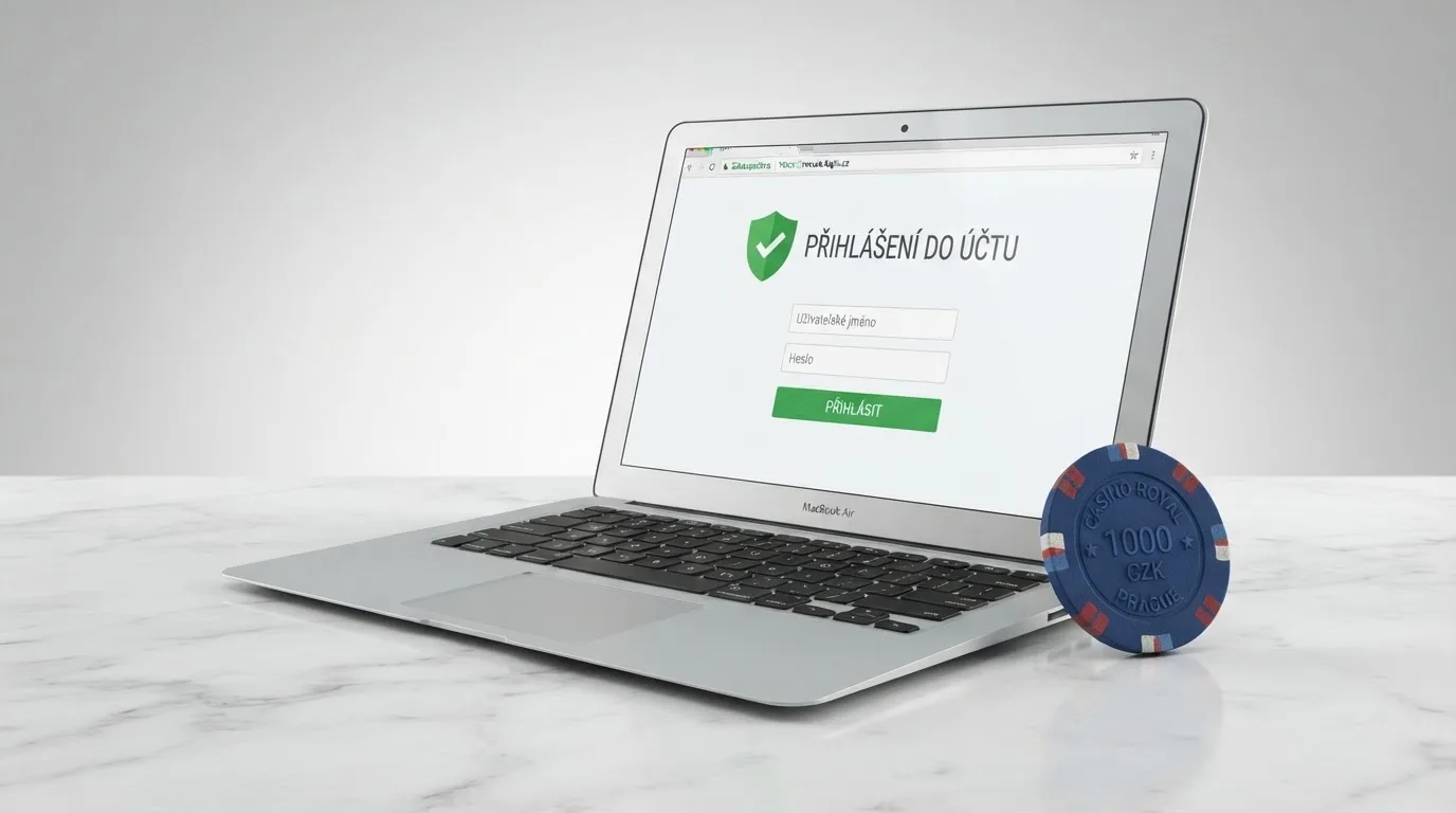 Úřední dokument s razítkem Ministerstva financí ČR vedle obrazovky s přihlašovací stránkou licencovaného online casina — kontrast mezi státní regulací a herním prostředím