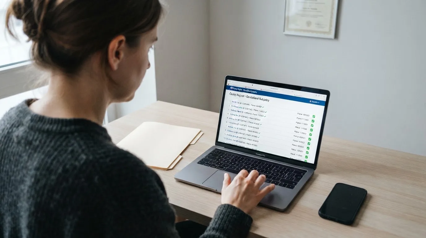 Úřední dokument s razítkem Ministerstva financí ČR ležící na stole vedle klávesnice, na monitoru v pozadí otevřený online registr licencí