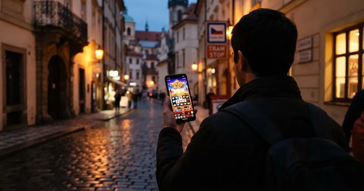 Hráč držící mobilní telefon s otevřenou casino hrou na obrazovce, v pozadí městská ulice v České republice