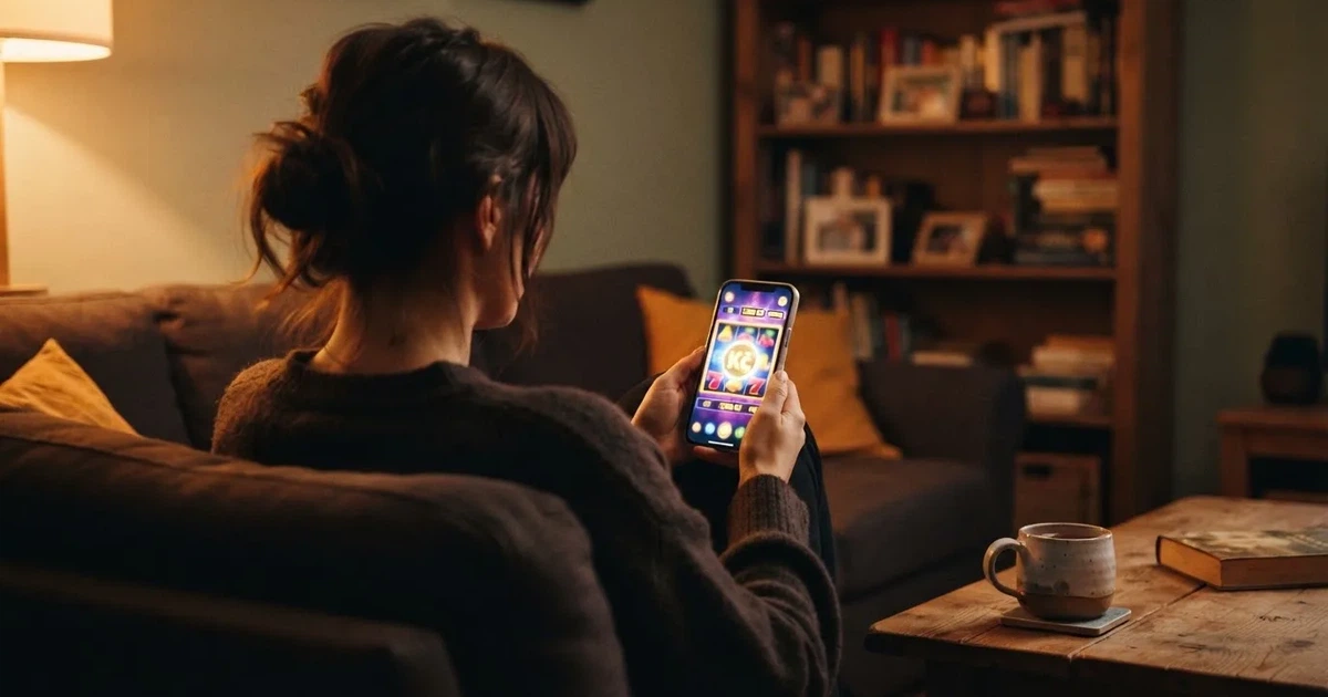 Hráč u automatu s mobilem v ruce, na obrazovce vidět roztočené válce automatu s českou korunou