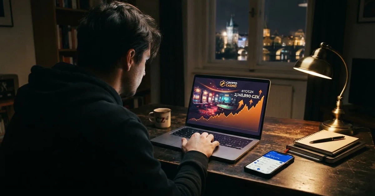 Hráč vybírá bitcoinové casino na notebooku, na obrazovce vedle něj graf kurzu BTC a logo casina