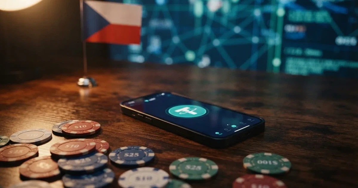 Krypto mince a kasinové žetony na digitálním pozadí se symbolem Tetheru a českou vlajkou