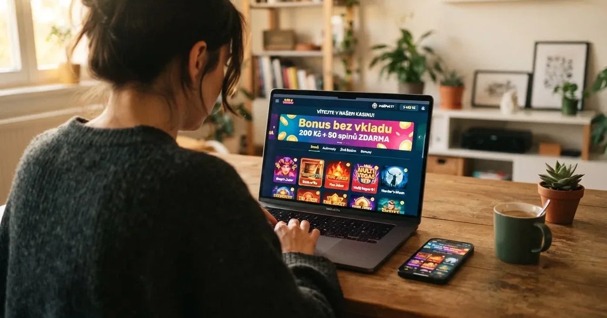 Hráč u notebooku si prohlíží nabídku bonusů bez vkladu v zahraničním online casinu, na stole leží mobil s otevřenou stejnou stránkou