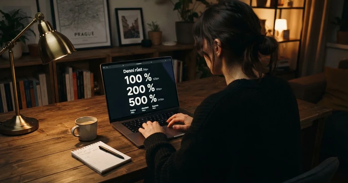 Hráč u notebooku prohlíží nabídku casino bonusů, na obrazovce jsou vidět procenta 100 %, 200 % a 500 %