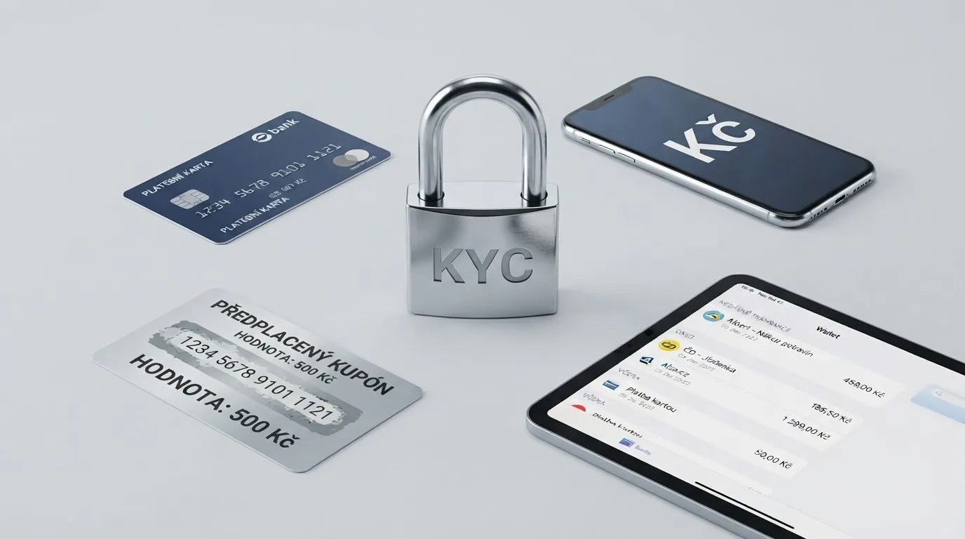 Koláž platebních metod — platební karta, mobil s Apple Pay, Paysafecard voucher, a logo Skrill — nad nimi symbol zámku s textem „KYC“