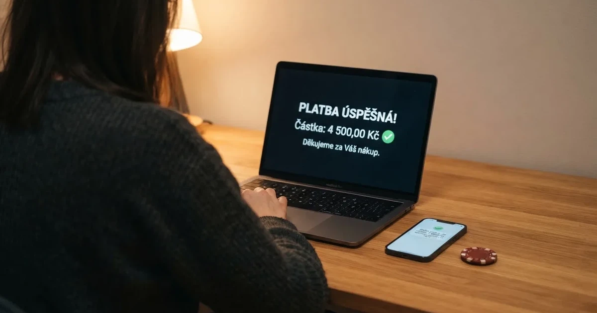 Hráč u notebooku sleduje obrazovku s potvrzením výplaty z online casina, v pozadí platební karta a mobil s notifikací