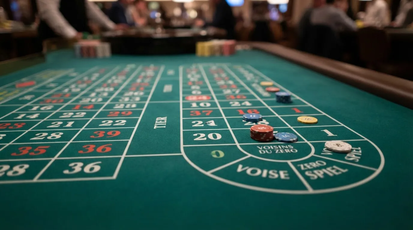 Detail sázkového pole evropské rulety s Racetrackem – oválná dráha kolem číselného pole se speciálními sázkovými sektory.