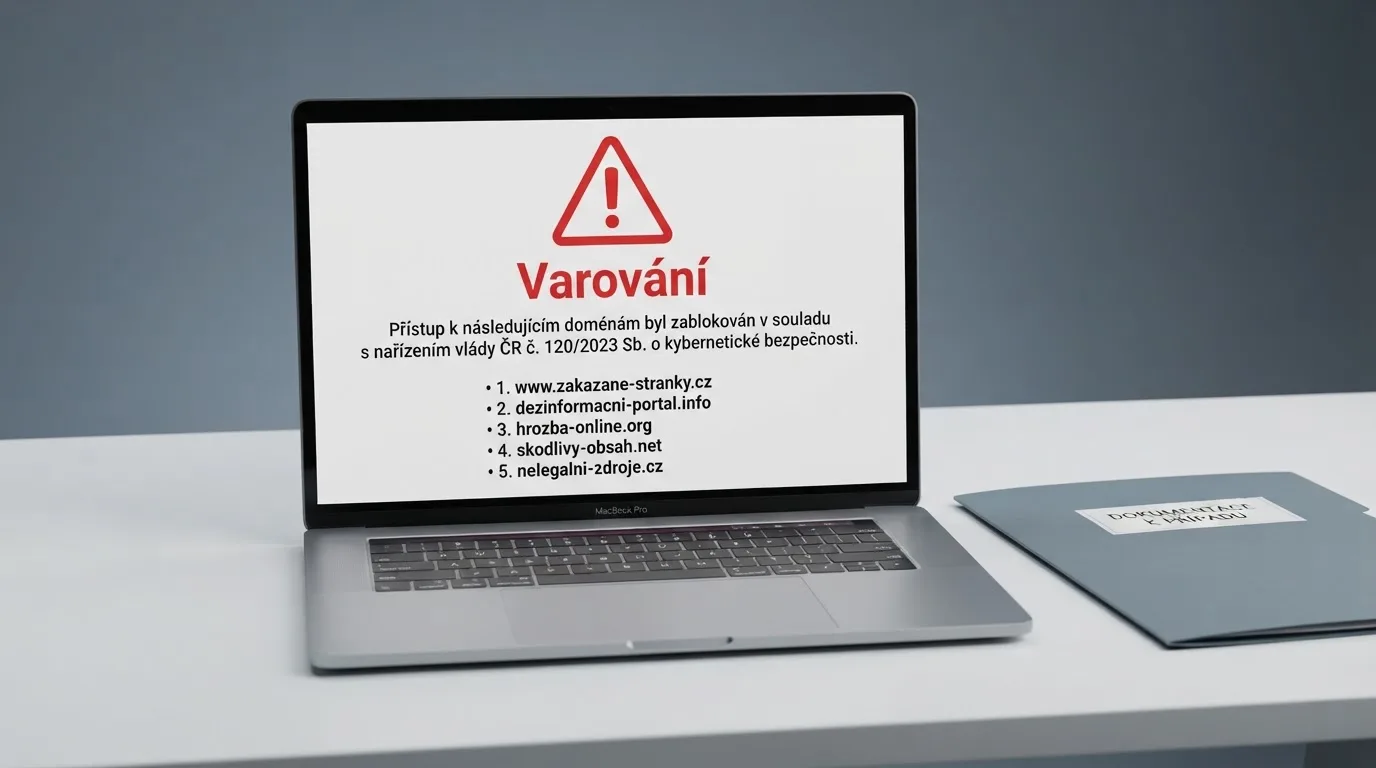 Úřední výstraha na displeji, varovný symbol a logo MF ČR, fragment Seznamu nepovolených internetových her