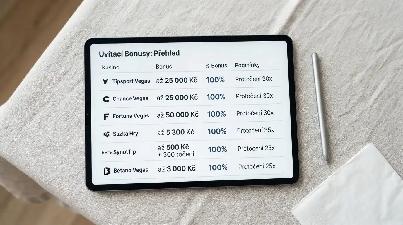 Srovnání uvítacích bonusů deseti českých online kasin s vyznačením výše bonusu a podmínek protočení