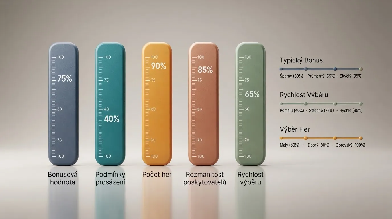 Přehledná vizualizace srovnávaných parametrů — bonus, protočení, počet her — napříč deseti operátory
