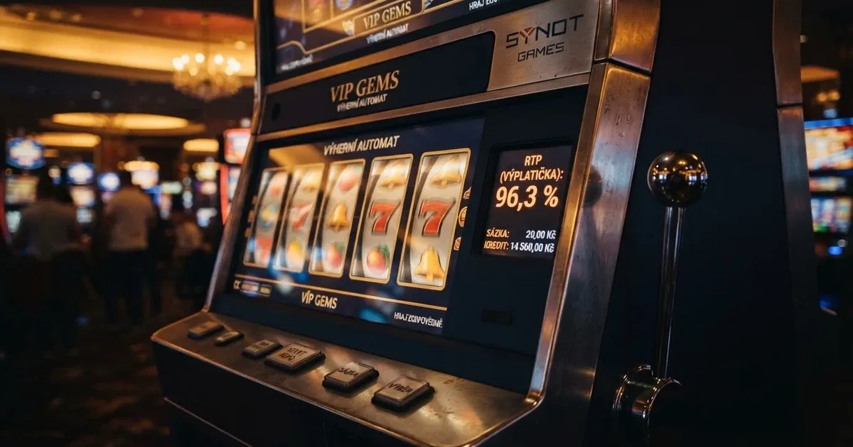 Herní automat s roztočenými válci a informačním panelem zobrazujícím hodnotu RTP v českém online casinu