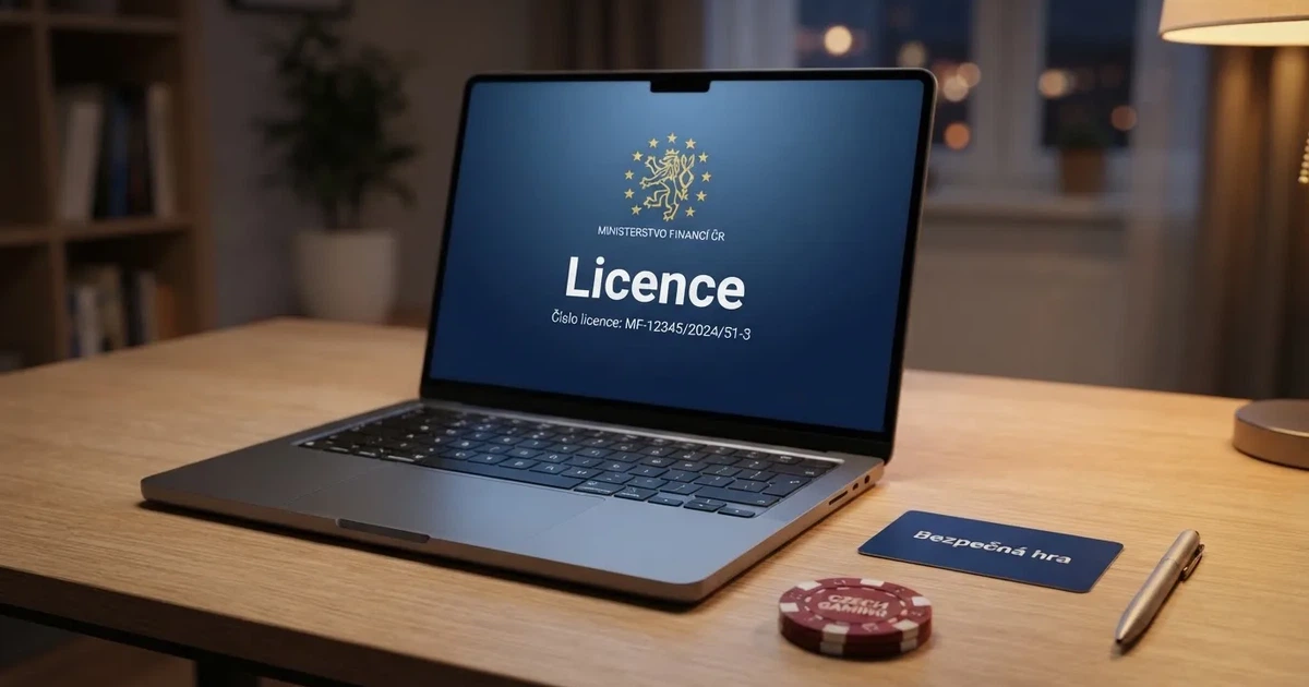 Logo MF ČR a nápis licence na displeji vedle karty s nápisem Bezpečná hra, modré tóny