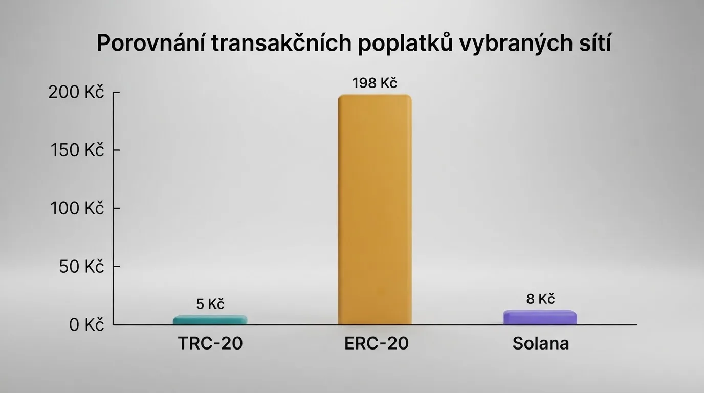 Grafické srovnání transakčních poplatků tří sítí USDT — TRC-20, ERC-20 a Solana — na vertikálním sloupcovém grafu v korunách