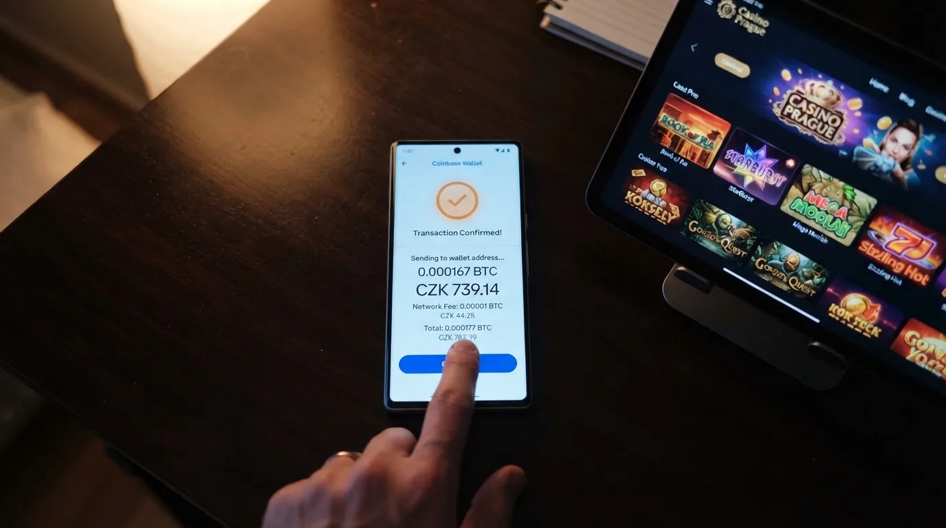 Mobilní telefon s otevřenou bitcoinovou peněženkou, na displeji potvrzení transakce a vedle něj casino lobby