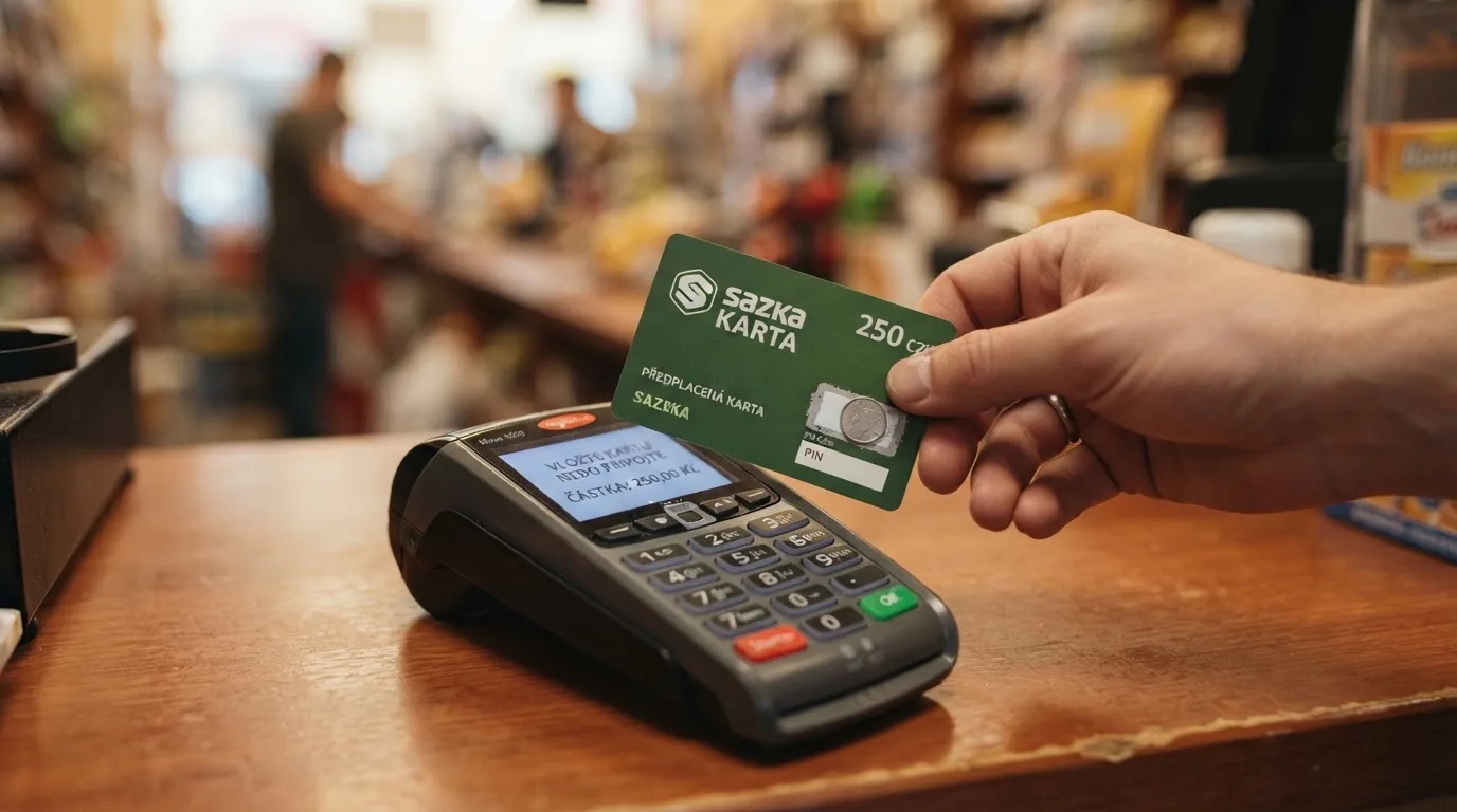 Platební terminál s logem Paysafecard a vloženým voucherem