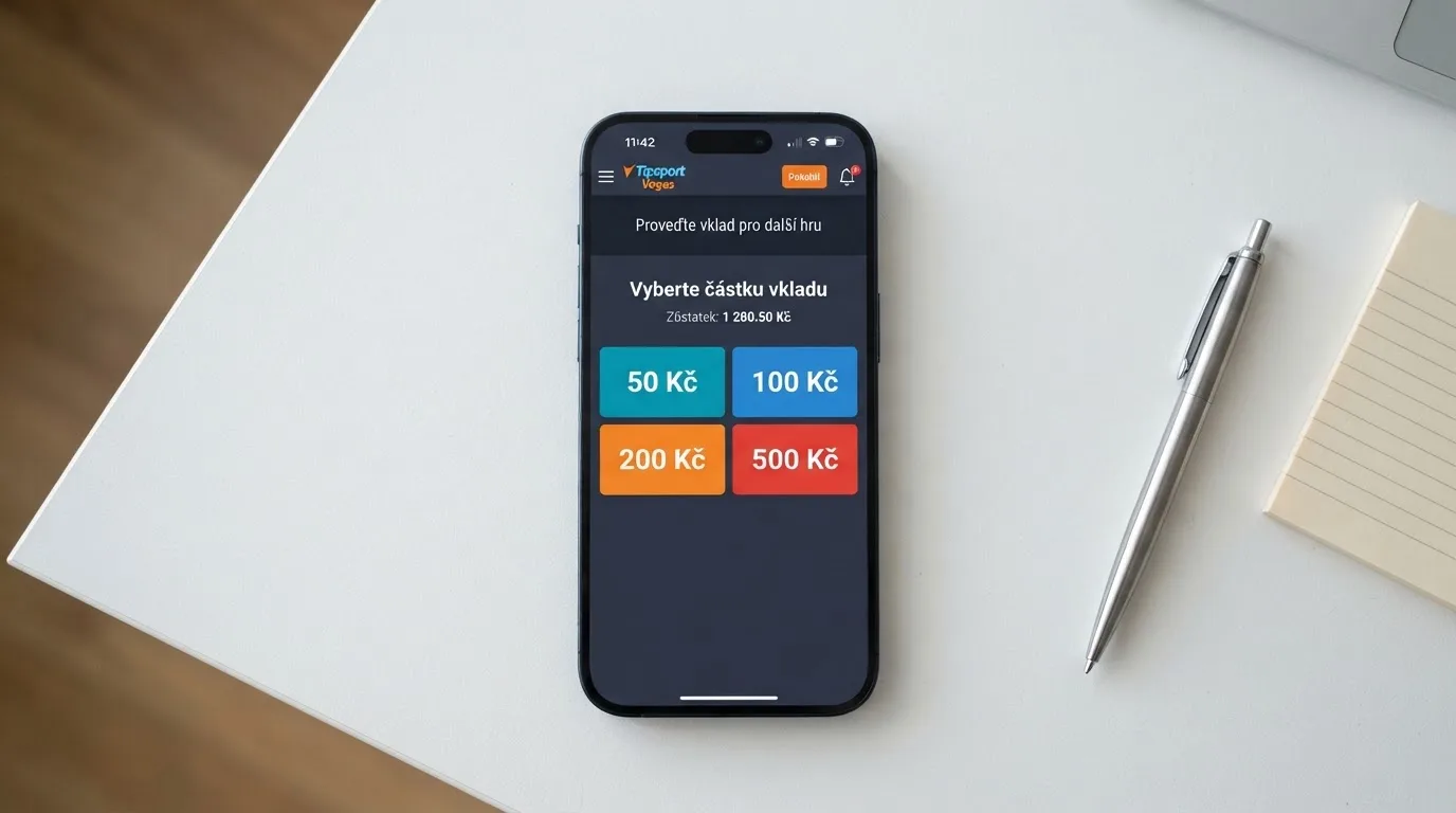 Čtyři tlačítka s částkami 50, 100, 200 a 500 Kč na obrazovce kasina