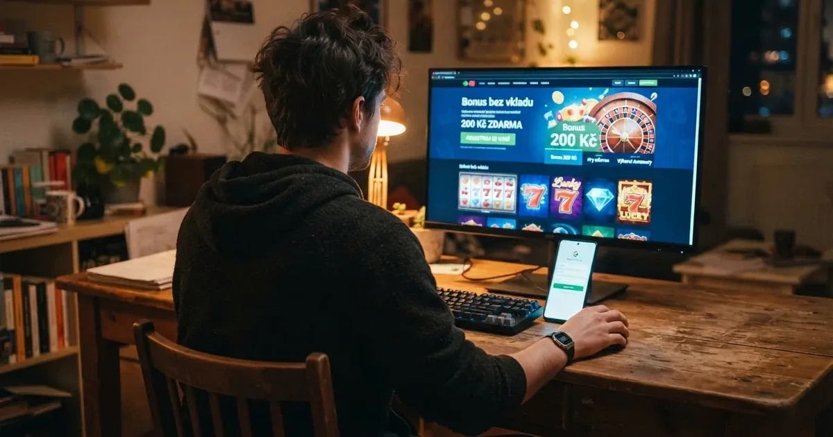 Hráč u počítače si prohlíží nabídku bonusu bez vkladu na obrazovce online casina, vedle je mobil s registračním formulářem