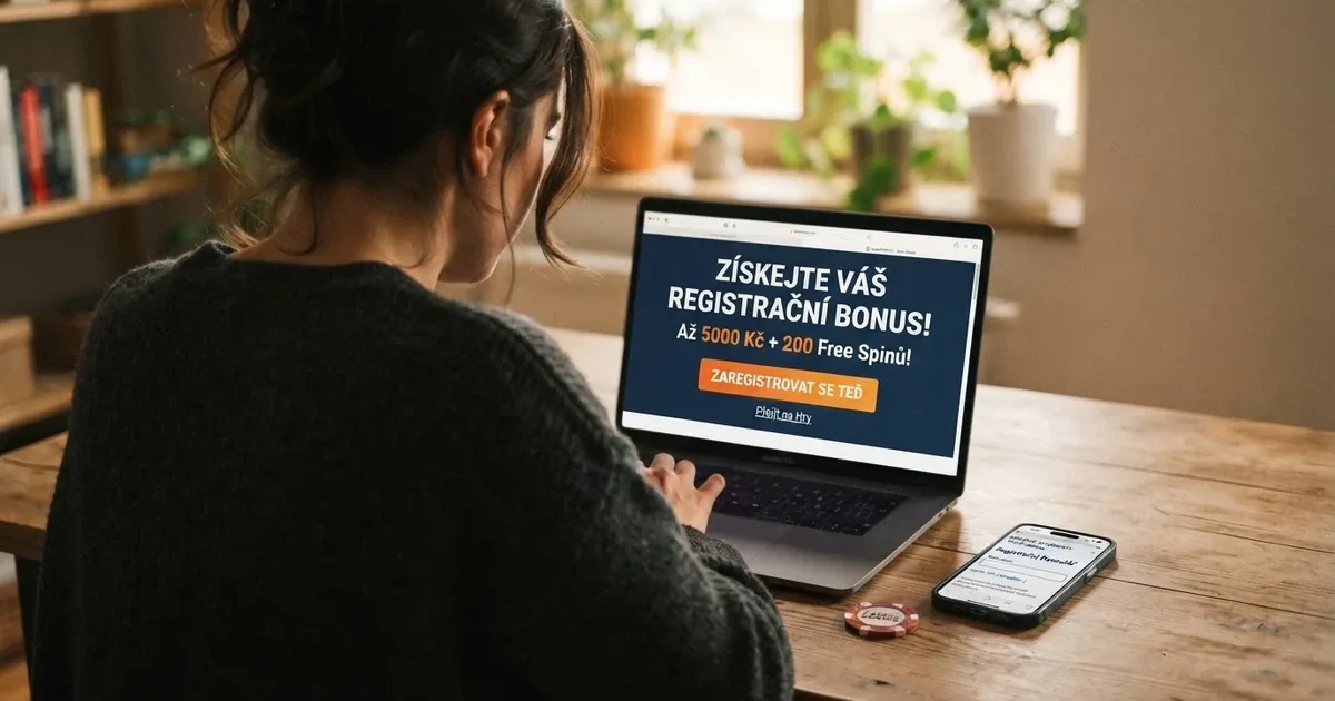 Hráč si prohlíží nabídku registračního bonusu na obrazovce notebooku, vedle leží český občanský průkaz a mobilní telefon s otevřenou stránkou Ministerstva financí
