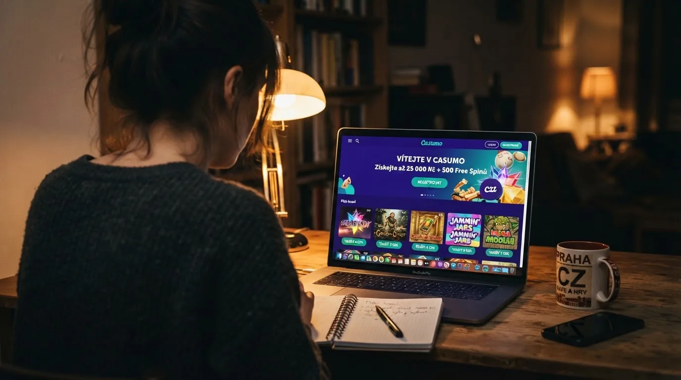Hráč u notebooku s otevřenou stránkou online kasina a poznámkovým blokem